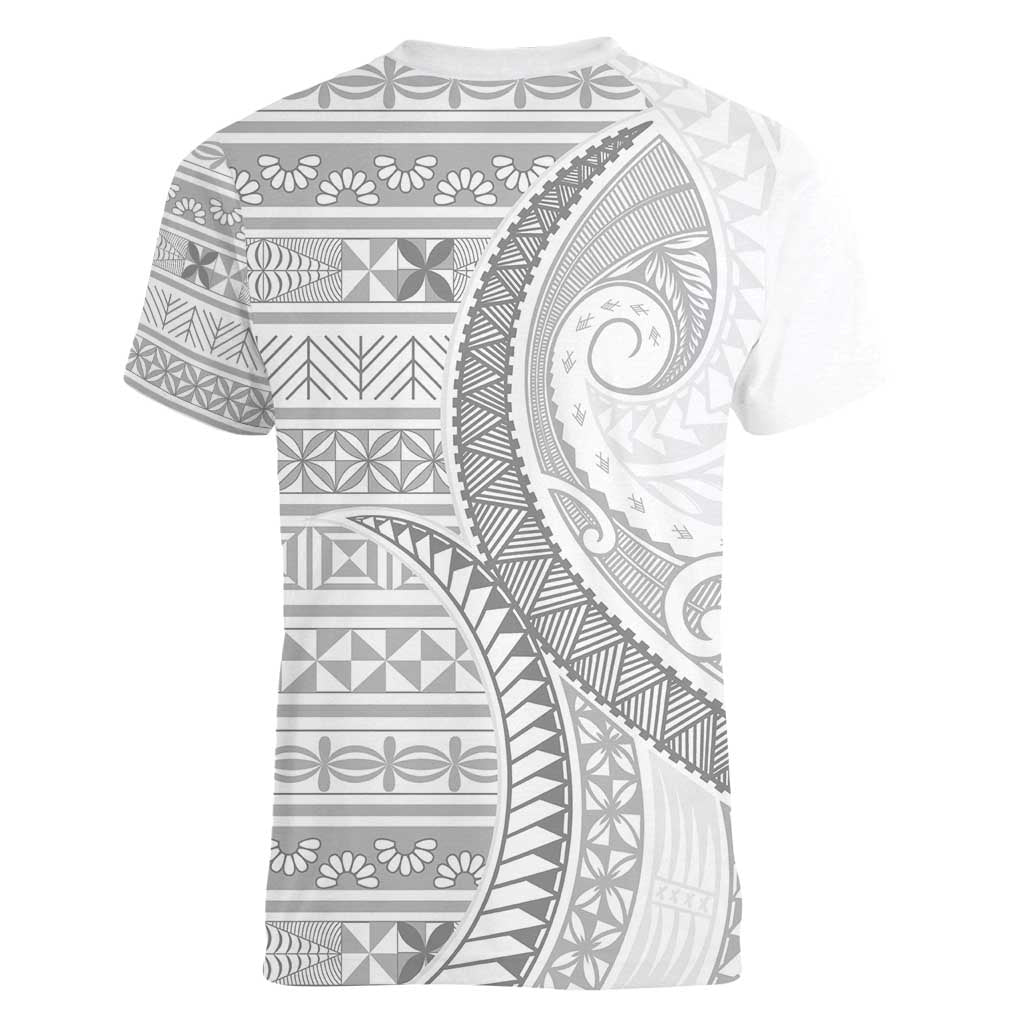 Tokelau White Sunday Women V-Neck T-Shirt Lotu Tamaiti Ngatu Tokelau Feletoa Manulua - Polynesian Pride