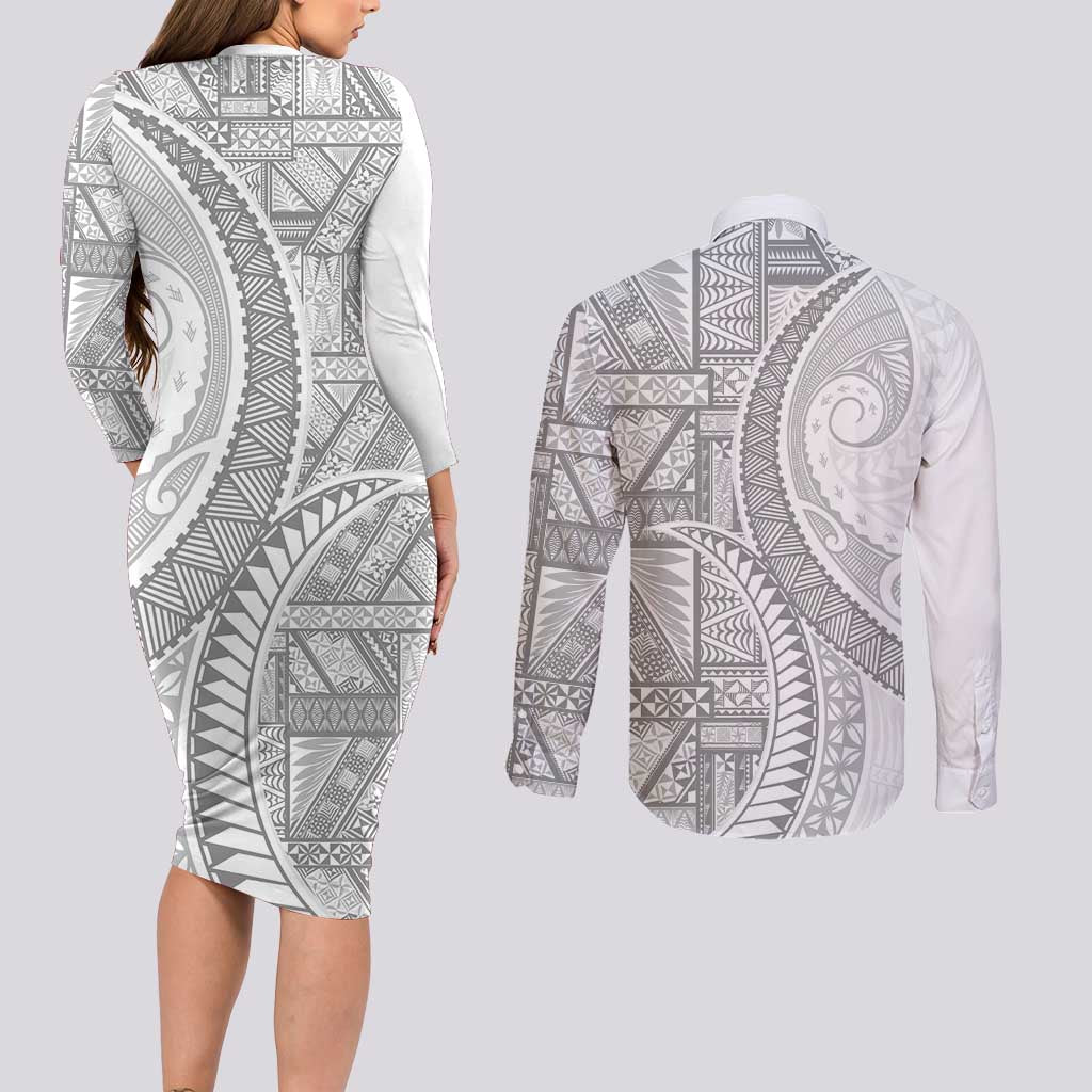 Tonga White Sunday Couples Matching Long Sleeve Bodycon Dress and Long Sleeve Button Shirt Lotu Tamaiti Ngatu Tribal - Polynesian Pride