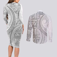 Tonga White Sunday Couples Matching Long Sleeve Bodycon Dress and Long Sleeve Button Shirt Lotu Tamaiti Ngatu Tribal - Polynesian Pride