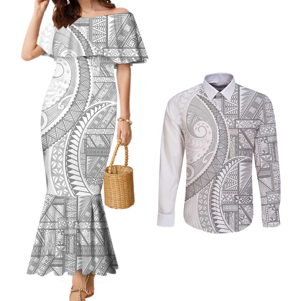 Tonga White Sunday Couples Matching Mermaid Dress and Long Sleeve Button Shirt Lotu Tamaiti Ngatu Tribal - Polynesian Pride