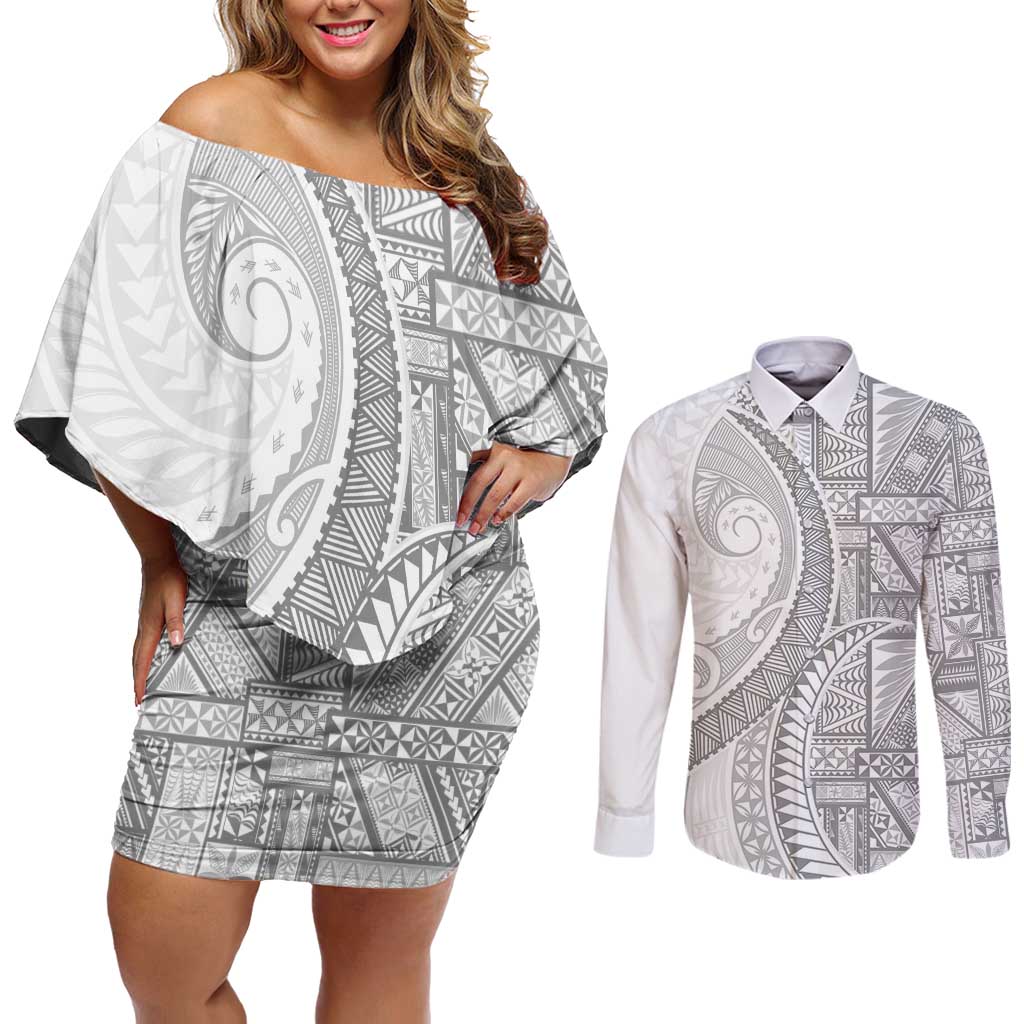 Tonga White Sunday Couples Matching Off Shoulder Short Dress and Long Sleeve Button Shirt Lotu Tamaiti Ngatu Tribal - Polynesian Pride