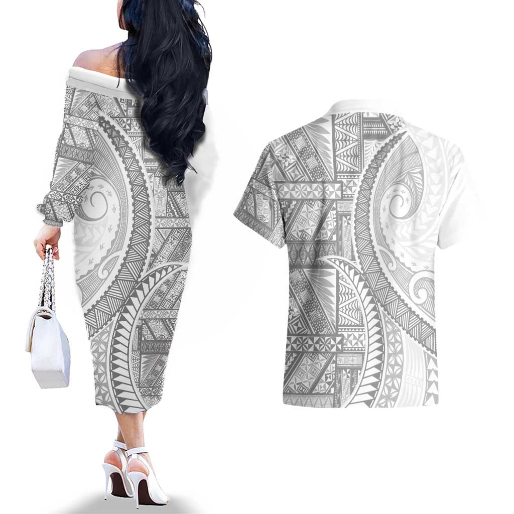 Tonga White Sunday Couples Matching Off The Shoulder Long Sleeve Dress and Hawaiian Shirt Lotu Tamaiti Ngatu Tribal - Polynesian Pride