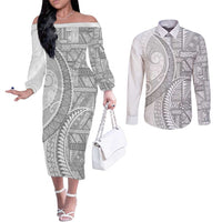 Tonga White Sunday Couples Matching Off The Shoulder Long Sleeve Dress and Long Sleeve Button Shirt Lotu Tamaiti Ngatu Tribal - Polynesian Pride