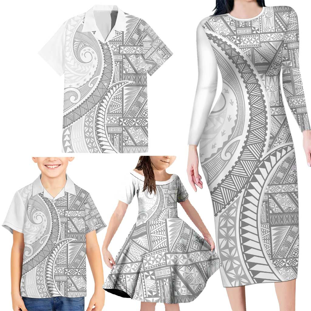 Tonga White Sunday Family Matching Long Sleeve Bodycon Dress and Hawaiian Shirt Lotu Tamaiti Ngatu Tribal - Polynesian Pride