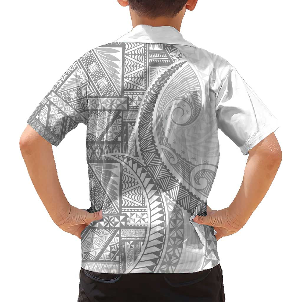 Tonga White Sunday Family Matching Short Sleeve Bodycon Dress and Hawaiian Shirt Lotu Tamaiti Ngatu Tribal - Polynesian Pride