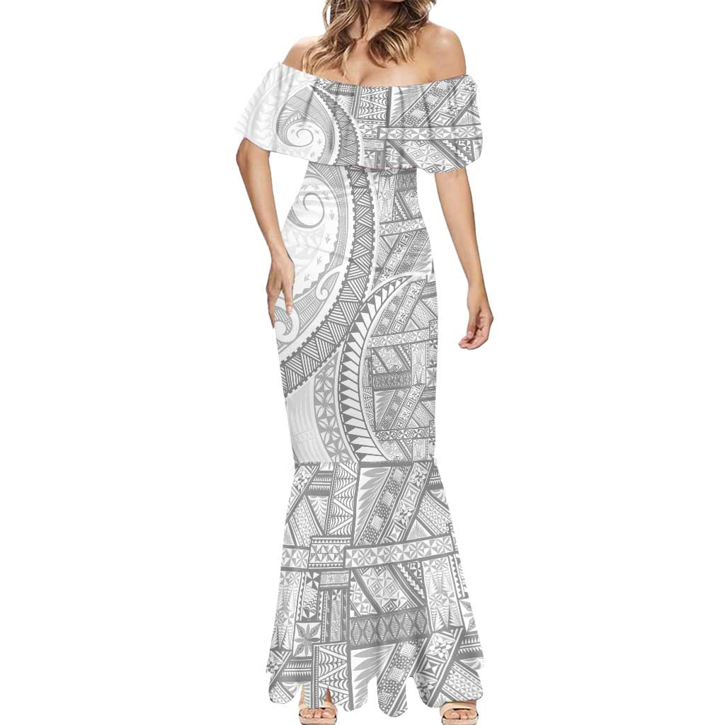 Tonga White Sunday Mermaid Dress Lotu Tamaiti Ngatu Tribal - Polynesian Pride