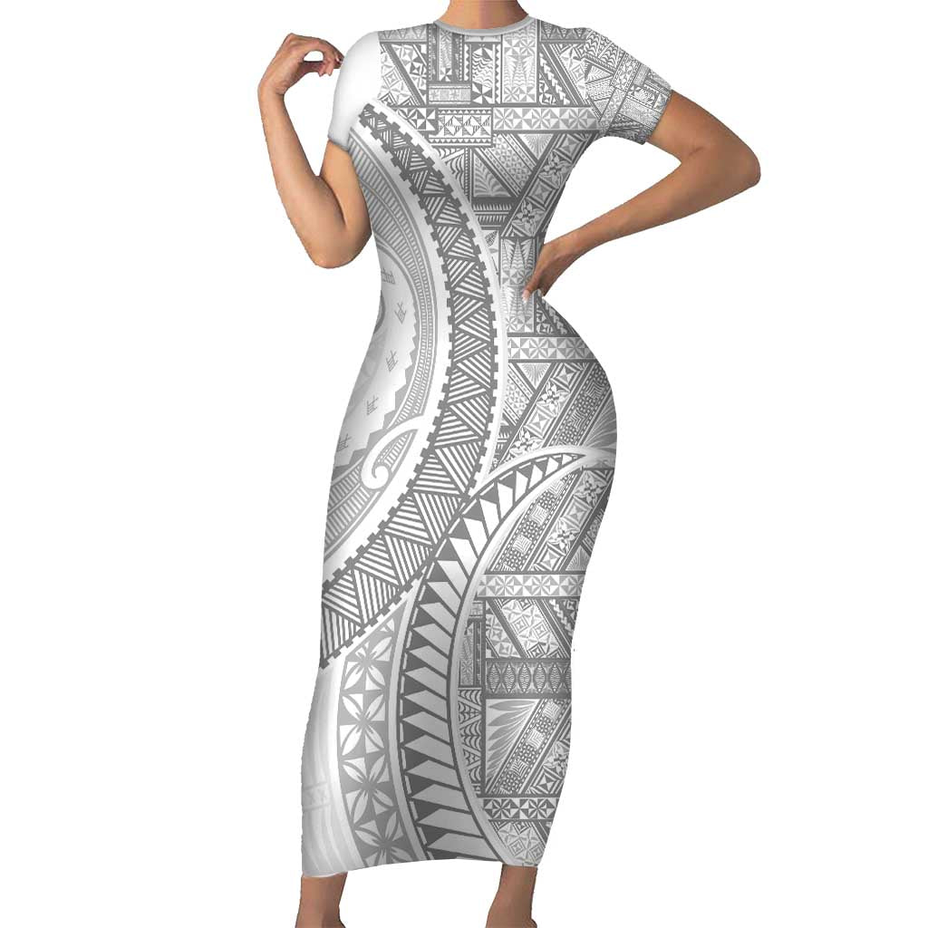 Tonga White Sunday Short Sleeve Bodycon Dress Lotu Tamaiti Ngatu Tribal - Polynesian Pride