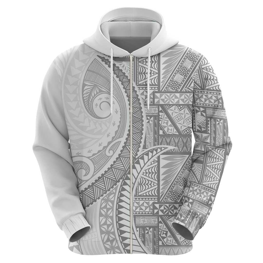 Tonga White Sunday Zip Hoodie Lotu Tamaiti Ngatu Tribal - Polynesian Pride