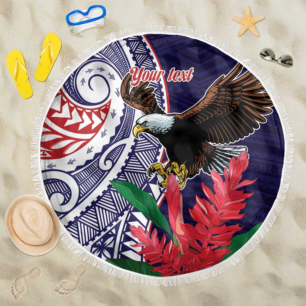 American Samoa Bald Eagle Personalized Beach Blanket Polynesian Teuila Flowers - Polynesian Pride