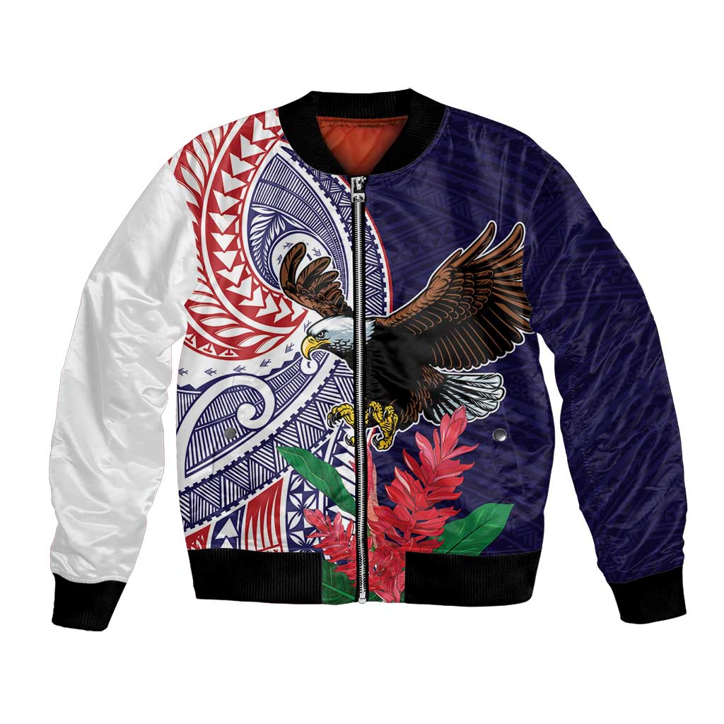 American Samoa Bald Eagle Personalized Bomber Jacket Polynesian Teuila Flowers - Polynesian Pride