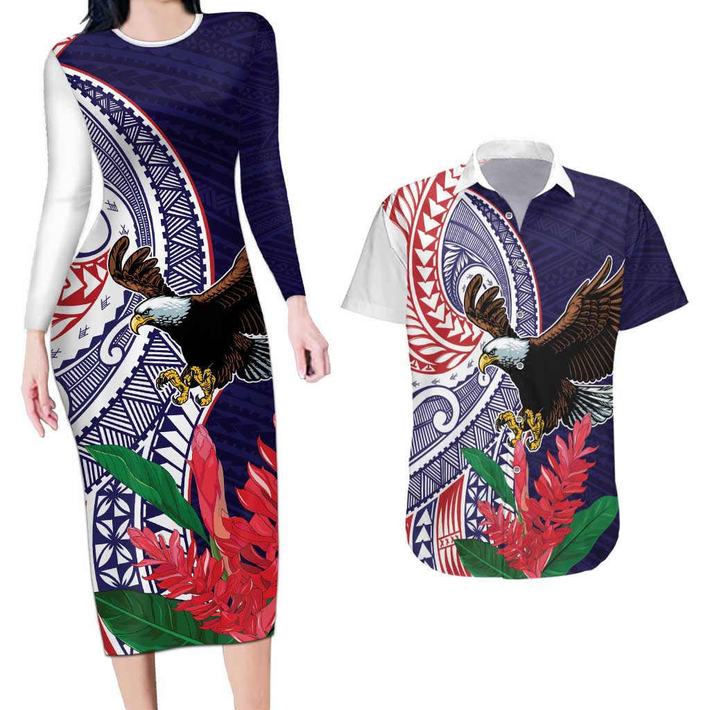 American Samoa Bald Eagle Personalized Couples Matching Long Sleeve Bodycon Dress and Hawaiian Shirt Polynesian Teuila Flowers LT9 Blue - Polynesian Pride