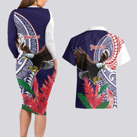 American Samoa Bald Eagle Personalized Couples Matching Long Sleeve Bodycon Dress and Hawaiian Shirt Polynesian Teuila Flowers LT9 - Polynesian Pride