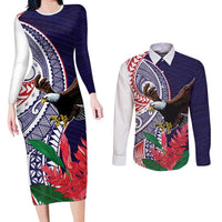 American Samoa Bald Eagle Personalized Couples Matching Long Sleeve Bodycon Dress and Long Sleeve Button Shirt Polynesian Teuila Flowers - Polynesian Pride
