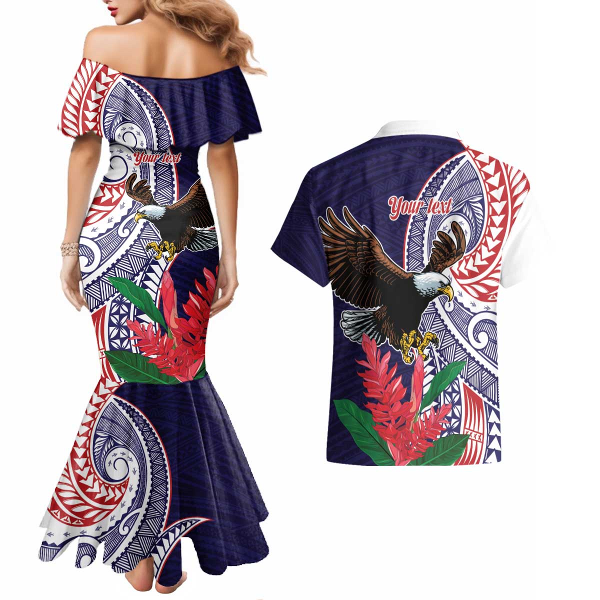 American Samoa Bald Eagle Personalized Couples Matching Mermaid Dress and Hawaiian Shirt Polynesian Teuila Flowers LT9 - Polynesian Pride