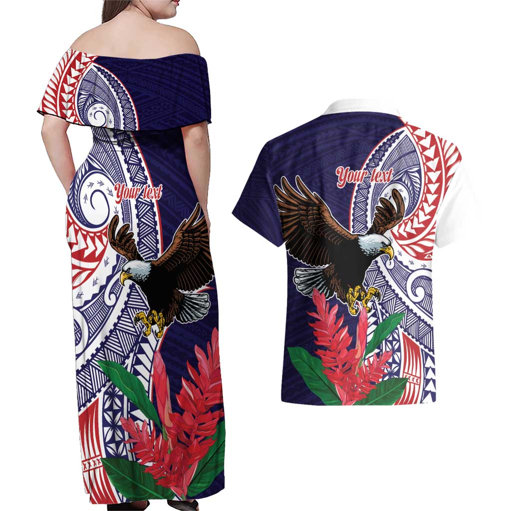American Samoa Bald Eagle Personalized Couples Matching Off Shoulder Maxi Dress and Hawaiian Shirt Polynesian Teuila Flowers LT9 - Polynesian Pride