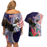 American Samoa Bald Eagle Personalized Couples Matching Off Shoulder Short Dress and Hawaiian Shirt Polynesian Teuila Flowers LT9 - Polynesian Pride
