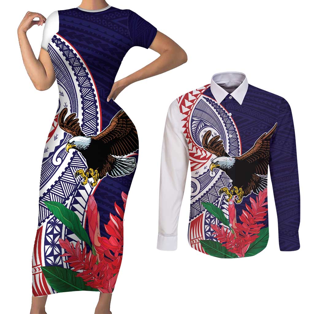 American Samoa Bald Eagle Personalized Couples Matching Short Sleeve Bodycon Dress and Long Sleeve Button Shirt Polynesian Teuila Flowers - Polynesian Pride