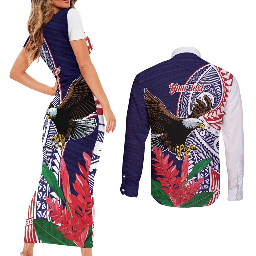 American Samoa Bald Eagle Personalized Couples Matching Short Sleeve Bodycon Dress and Long Sleeve Button Shirt Polynesian Teuila Flowers - Polynesian Pride