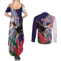 American Samoa Bald Eagle Personalized Couples Matching Summer Maxi Dress and Long Sleeve Button Shirt Polynesian Teuila Flowers - Polynesian Pride