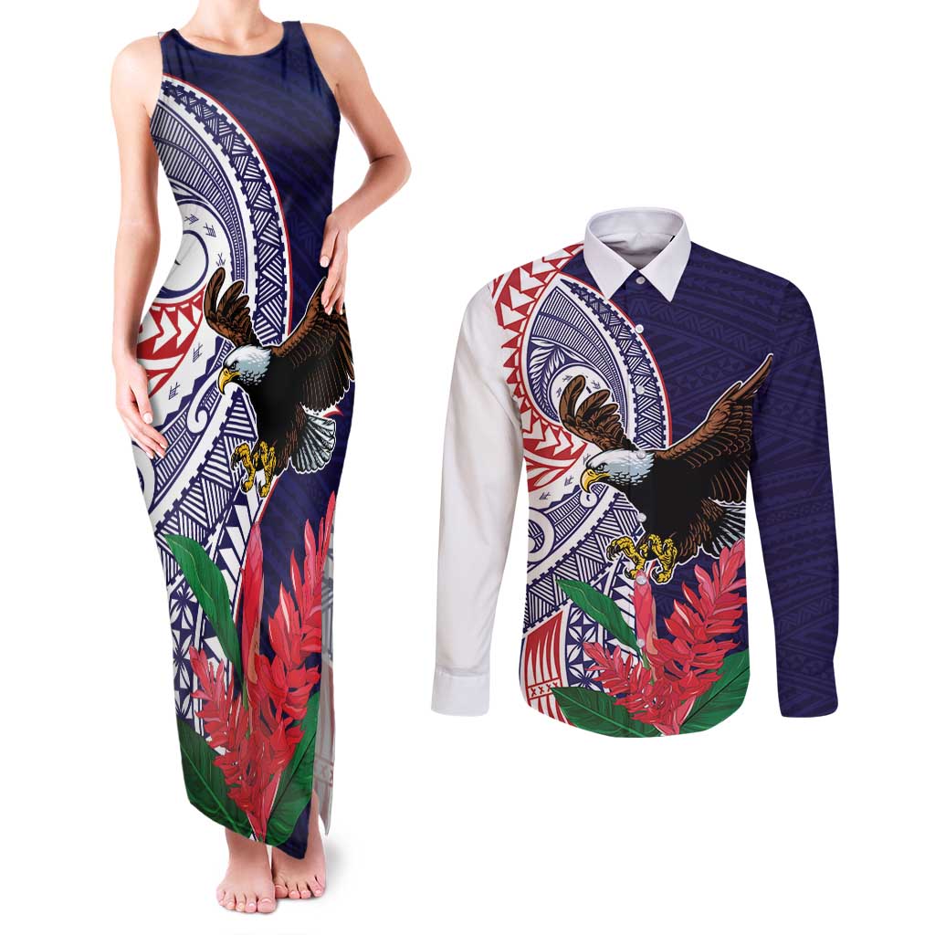 American Samoa Bald Eagle Personalized Couples Matching Tank Maxi Dress and Long Sleeve Button Shirt Polynesian Teuila Flowers - Polynesian Pride