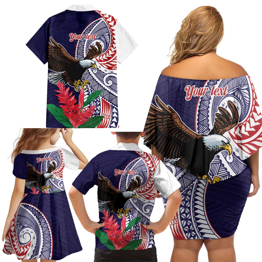 American Samoa Bald Eagle Personalized Family Matching Off Shoulder Short Dress and Hawaiian Shirt Polynesian Teuila Flowers - Polynesian Pride