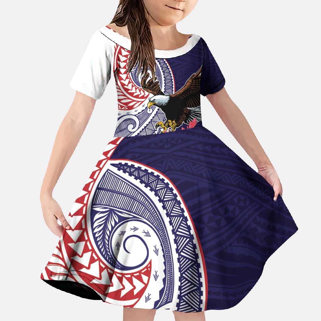 American Samoa Bald Eagle Personalized Family Matching Short Sleeve Bodycon Dress and Hawaiian Shirt Polynesian Teuila Flowers - Polynesian Pride