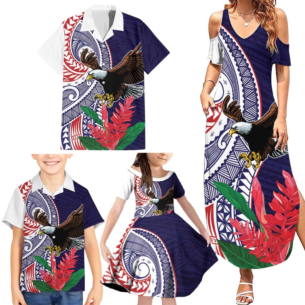 American Samoa Bald Eagle Personalized Family Matching Summer Maxi Dress and Hawaiian Shirt Polynesian Teuila Flowers - Polynesian Pride