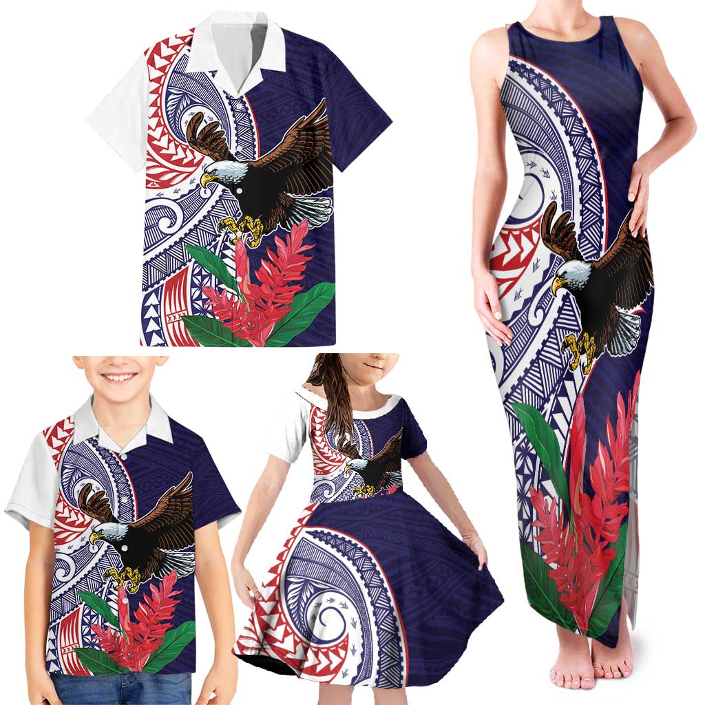 American Samoa Bald Eagle Personalized Family Matching Tank Maxi Dress and Hawaiian Shirt Polynesian Teuila Flowers - Polynesian Pride