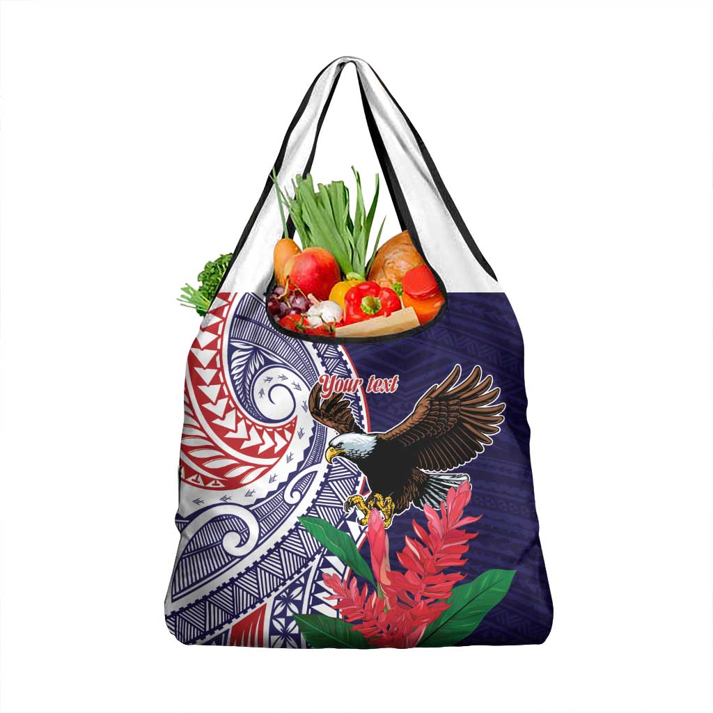 American Samoa Bald Eagle Personalized Grocery Bag Polynesian Teuila Flowers - Polynesian Pride