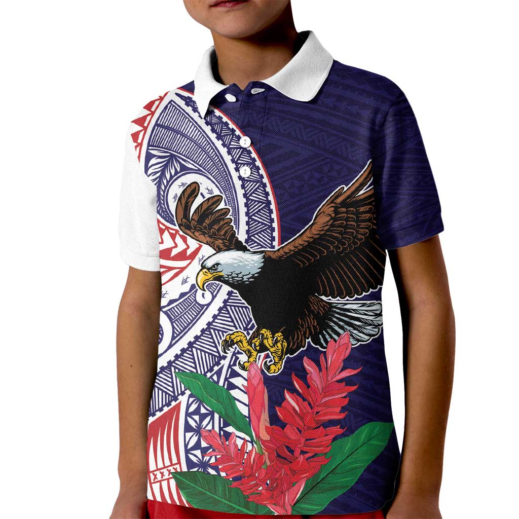 American Samoa Bald Eagle Personalized Kid Polo Shirt Polynesian Teuila Flowers - Polynesian Pride