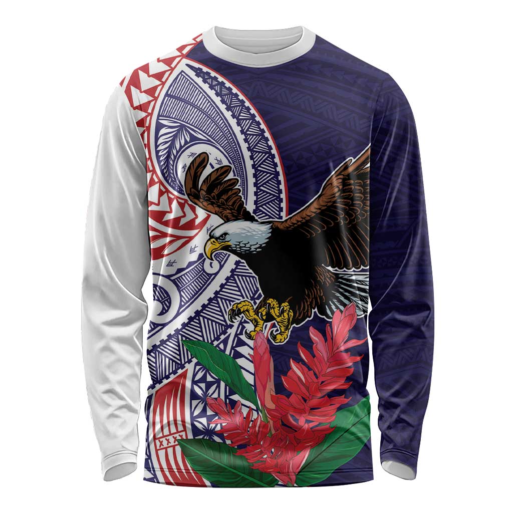 American Samoa Bald Eagle Personalized Long Sleeve Shirt Polynesian Teuila Flowers - Polynesian Pride