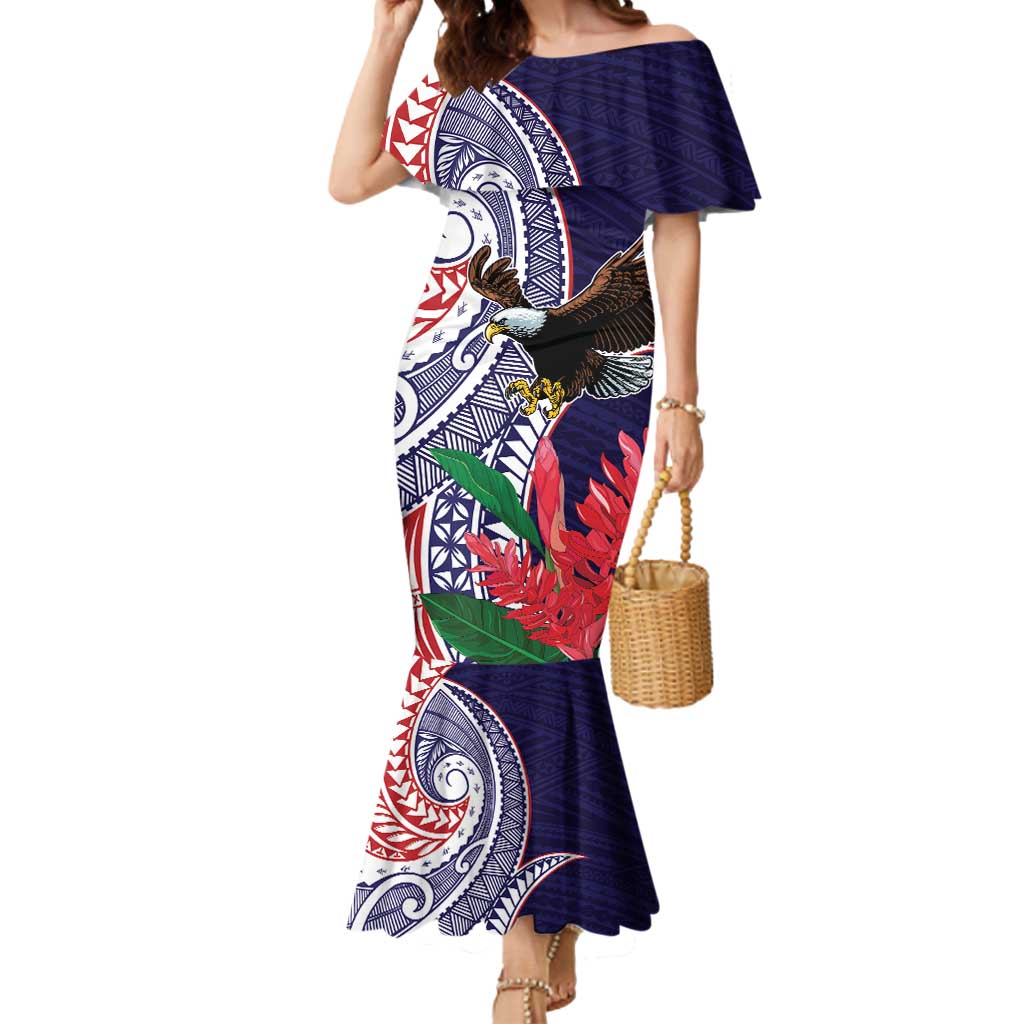 American Samoa Bald Eagle Personalized Mermaid Dress Polynesian Teuila Flowers - Polynesian Pride