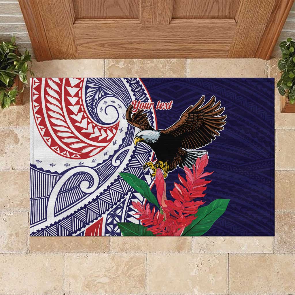 American Samoa Bald Eagle Personalized Rubber Doormat Polynesian Teuila Flowers - Polynesian Pride
