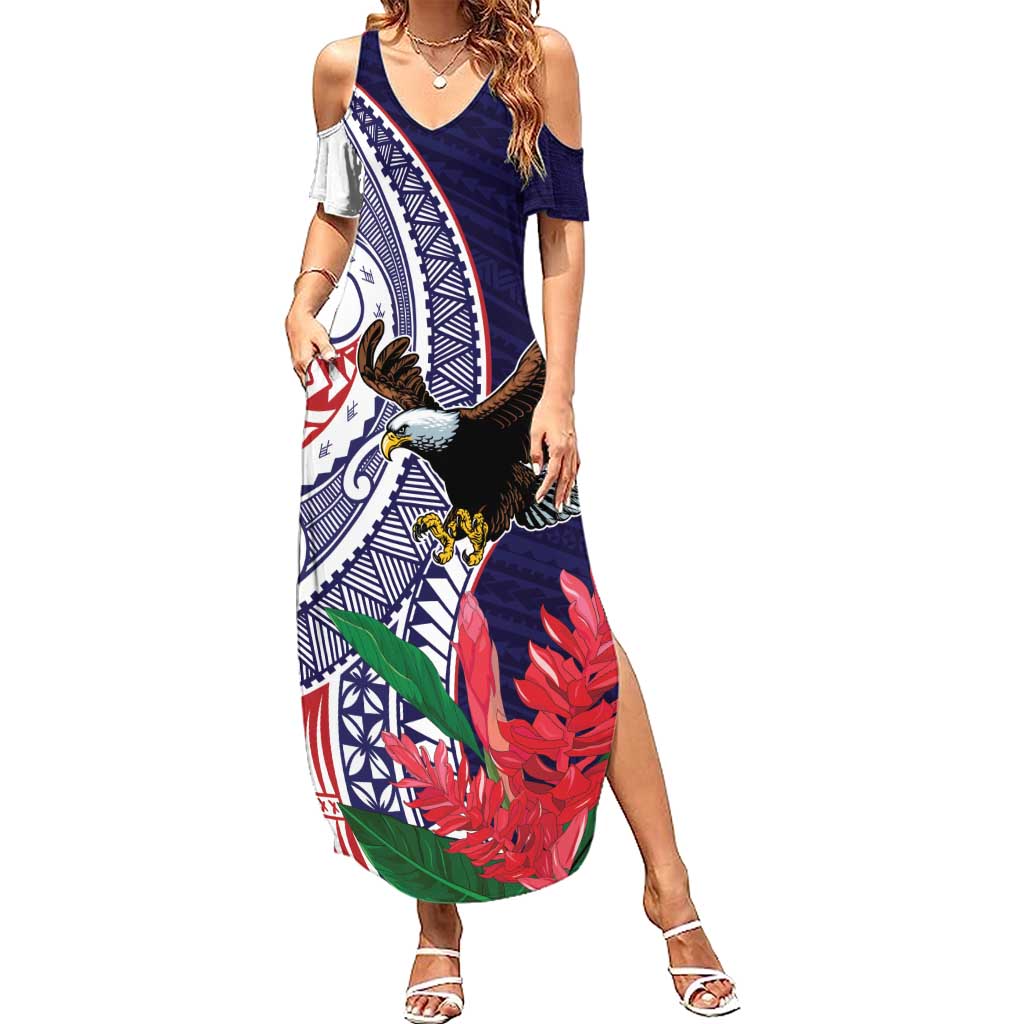 American Samoa Bald Eagle Personalized Summer Maxi Dress Polynesian Teuila Flowers - Polynesian Pride