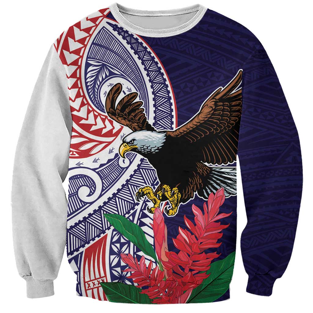 American Samoa Bald Eagle Personalized Sweatshirt Polynesian Teuila Flowers - Polynesian Pride