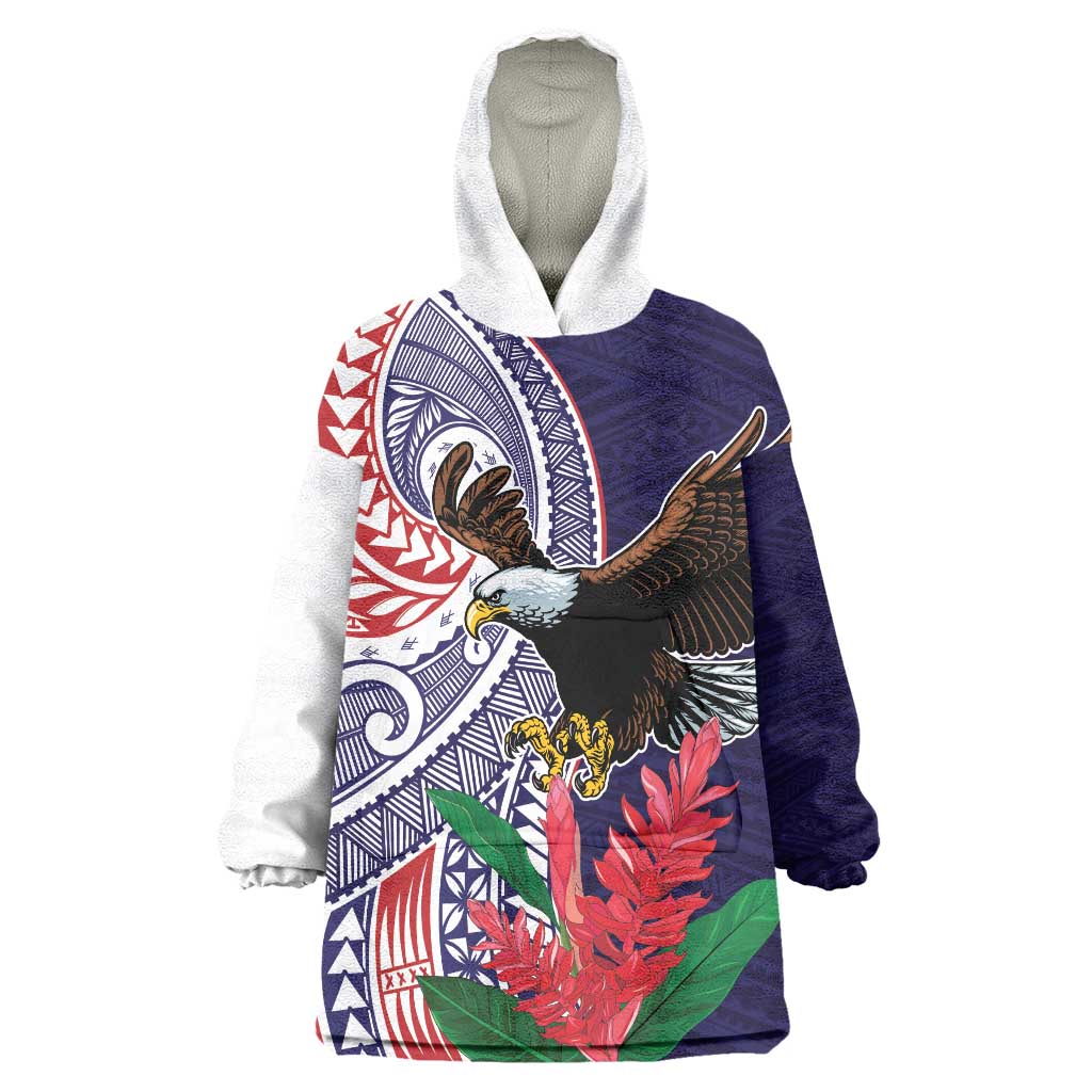 American Samoa Bald Eagle Personalized Wearable Blanket Hoodie Polynesian Teuila Flowers - Polynesian Pride