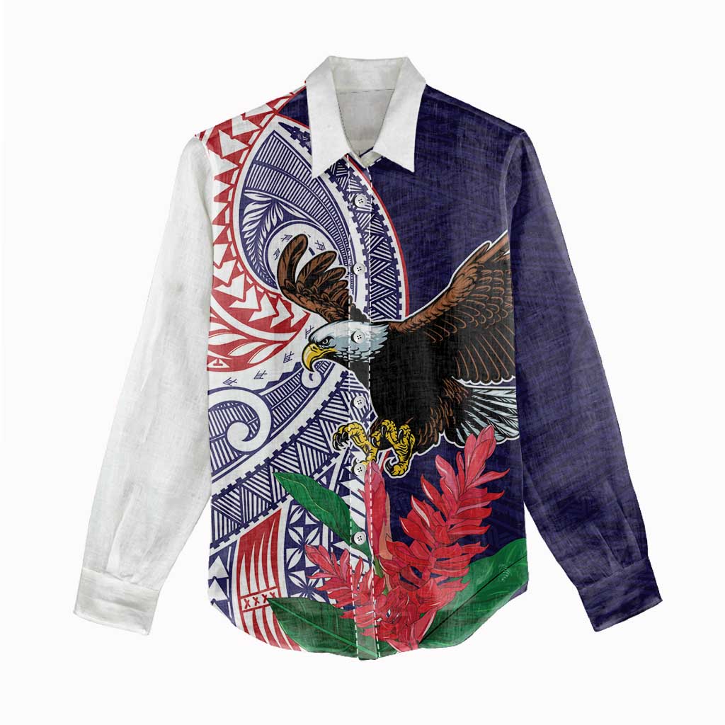 American Samoa Bald Eagle Personalized Women Casual Shirt Polynesian Teuila Flowers - Polynesian Pride