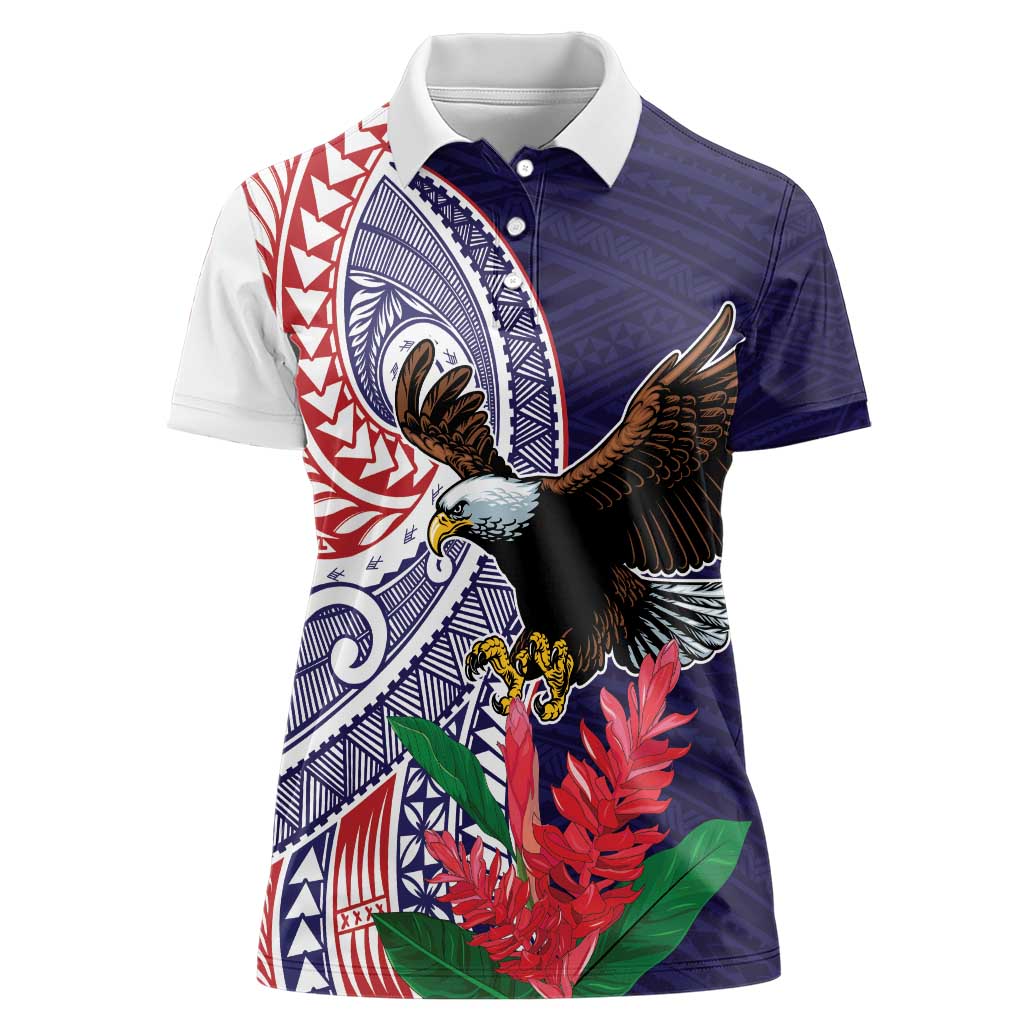 American Samoa Bald Eagle Personalized Women Polo Shirt Polynesian Teuila Flowers - Polynesian Pride