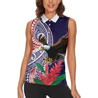 American Samoa Bald Eagle Personalized Women Sleeveless Polo Shirt Polynesian Teuila Flowers - Polynesian Pride
