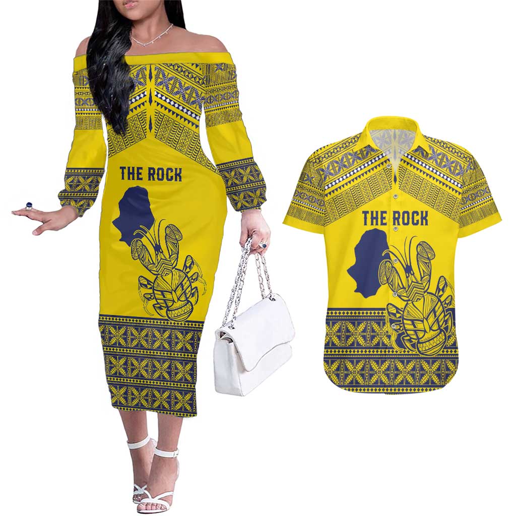 Niue Crab Personalised Couples Matching Off The Shoulder Long Sleeve Dress and Hawaiian Shirt Niuean Hiapo Pattern - Polynesian Pride