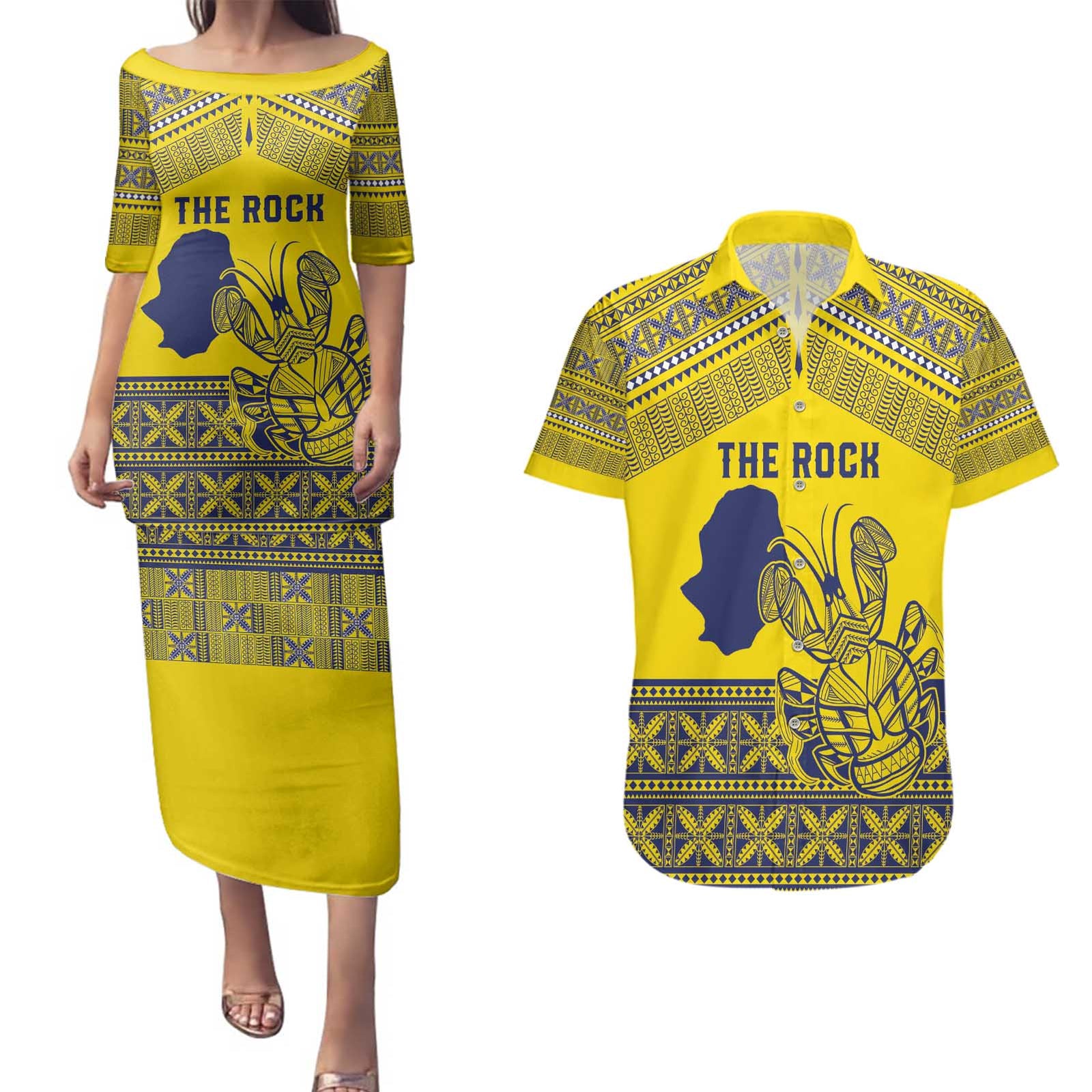 Niue Crab Personalised Couples Matching Puletasi and Hawaiian Shirt Niuean Hiapo Pattern LT9 Gold - Polynesian Pride