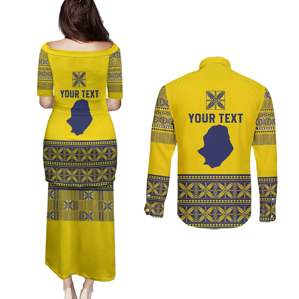 Niue Crab Personalised Couples Matching Puletasi and Long Sleeve Button Shirt Niuean Hiapo Pattern LT9 - Polynesian Pride