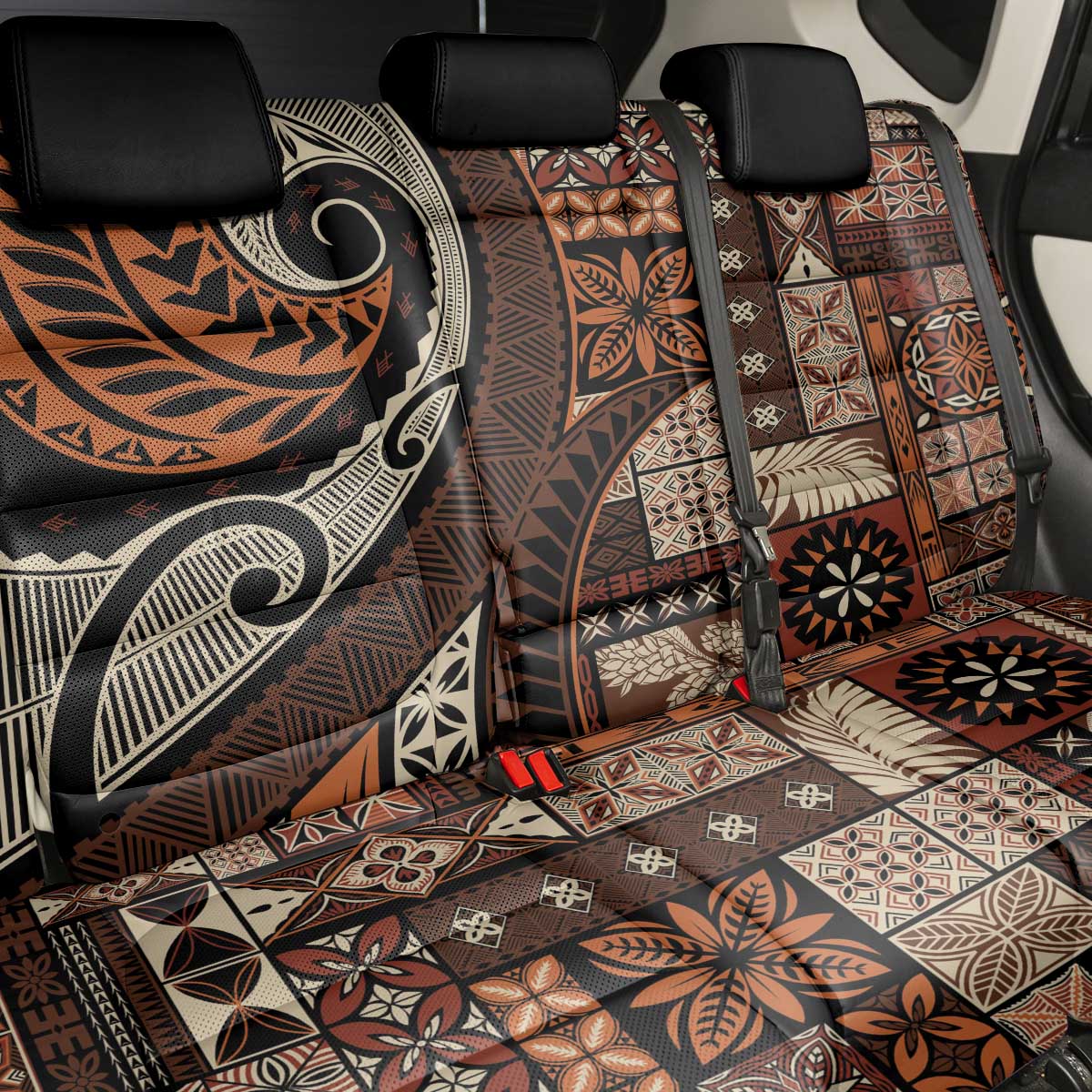Vintage Samoa Siapo Mamanu Back Car Seat Cover Brown Samoan Tapa Motif - Polynesian Pride