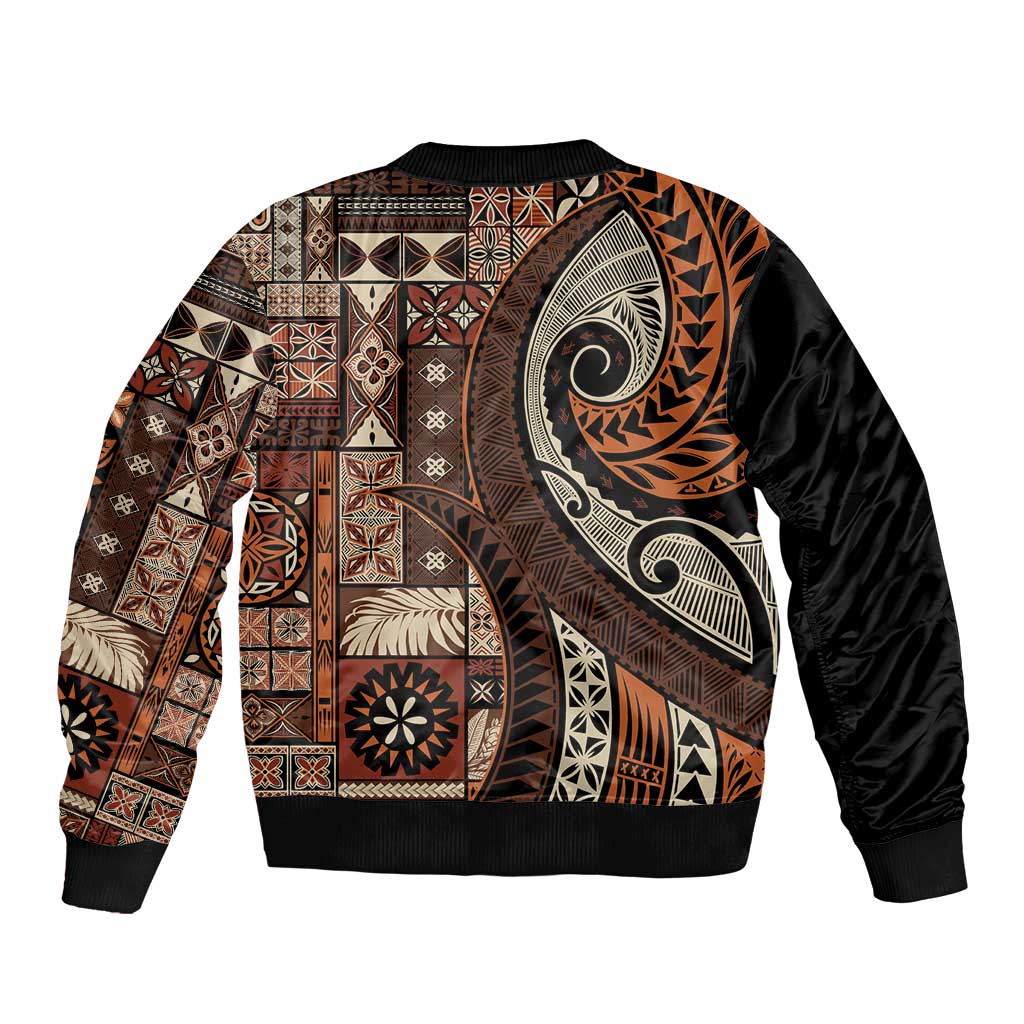 Vintage Samoa Siapo Mamanu Bomber Jacket Brown Samoan Tapa Motif - Polynesian Pride