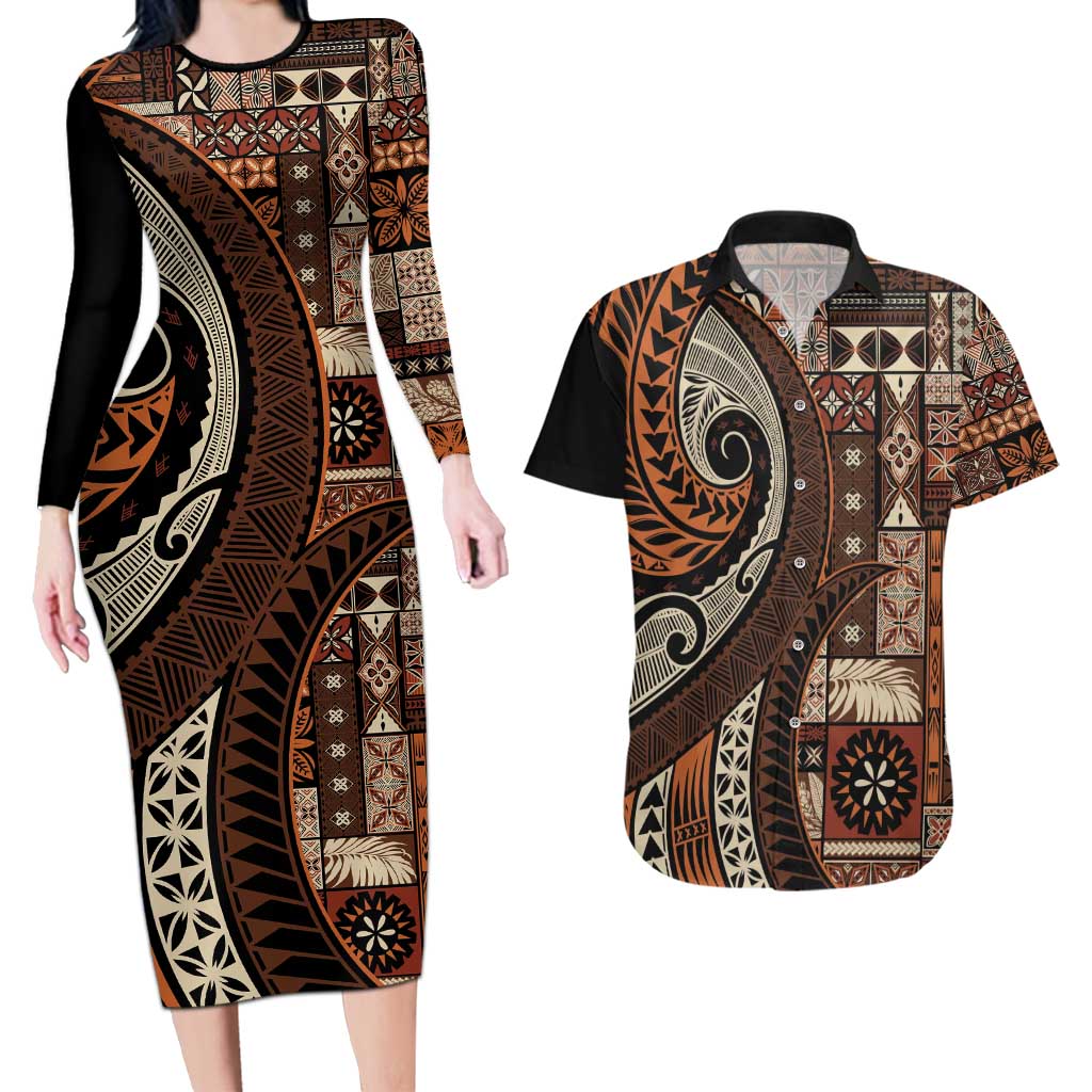Vintage Samoa Siapo Mamanu Couples Matching Long Sleeve Bodycon Dress and Hawaiian Shirt Brown Samoan Tapa Motif LT9 Brown - Polynesian Pride