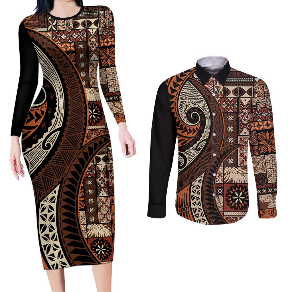 Vintage Samoa Siapo Mamanu Couples Matching Long Sleeve Bodycon Dress and Long Sleeve Button Shirt Brown Samoan Tapa Motif LT9 Brown - Polynesian Pride