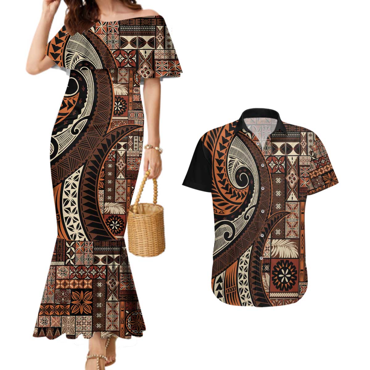 Vintage Samoa Siapo Mamanu Couples Matching Mermaid Dress and Hawaiian Shirt Brown Samoan Tapa Motif LT9 Brown - Polynesian Pride