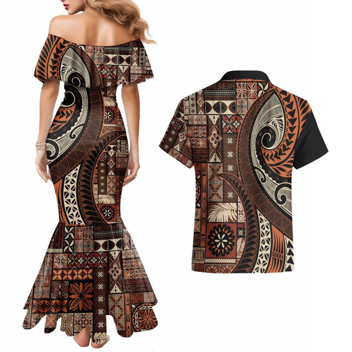 Vintage Samoa Siapo Mamanu Couples Matching Mermaid Dress and Hawaiian Shirt Brown Samoan Tapa Motif - Polynesian Pride