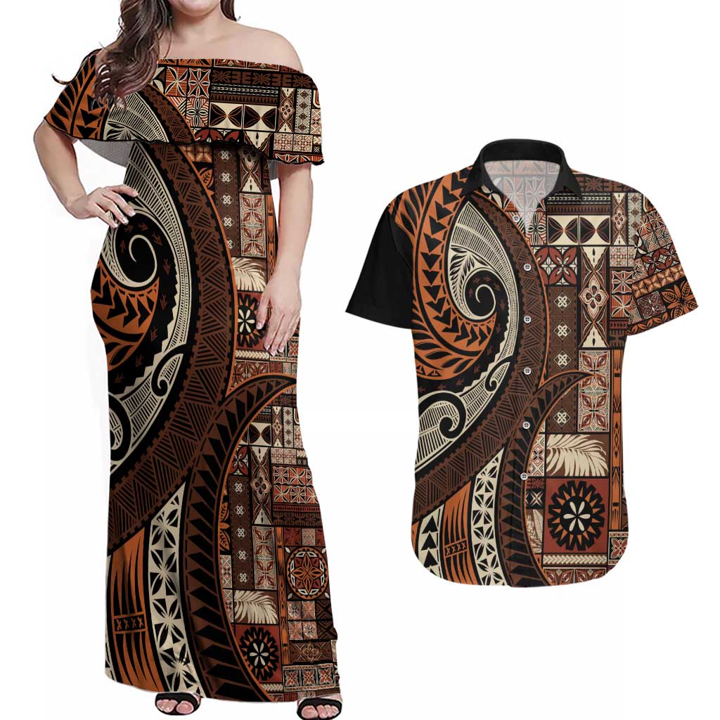 Vintage Samoa Siapo Mamanu Couples Matching Off Shoulder Maxi Dress and Hawaiian Shirt Brown Samoan Tapa Motif - Polynesian Pride
