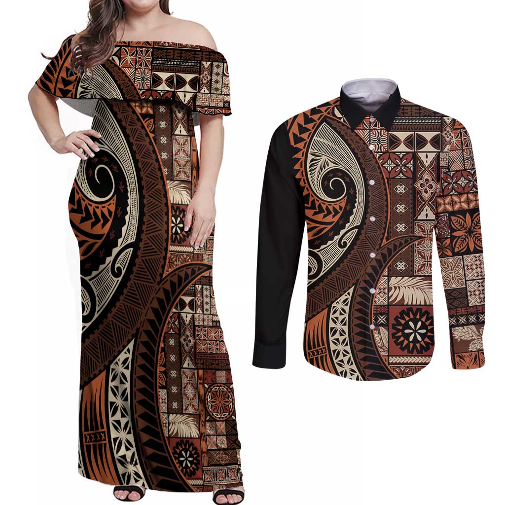 Vintage Samoa Siapo Mamanu Couples Matching Off Shoulder Maxi Dress and Long Sleeve Button Shirt Brown Samoan Tapa Motif LT9 Brown - Polynesian Pride